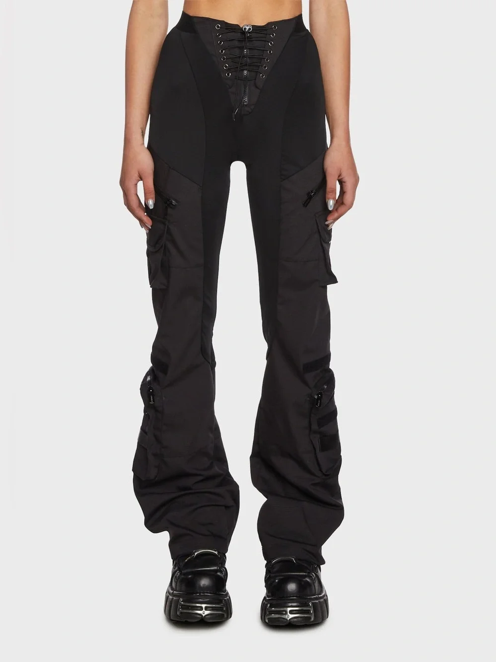 NWT Namilia Techno Stretch Cargo Pants Lace Up Front Multi Pocket Black Large